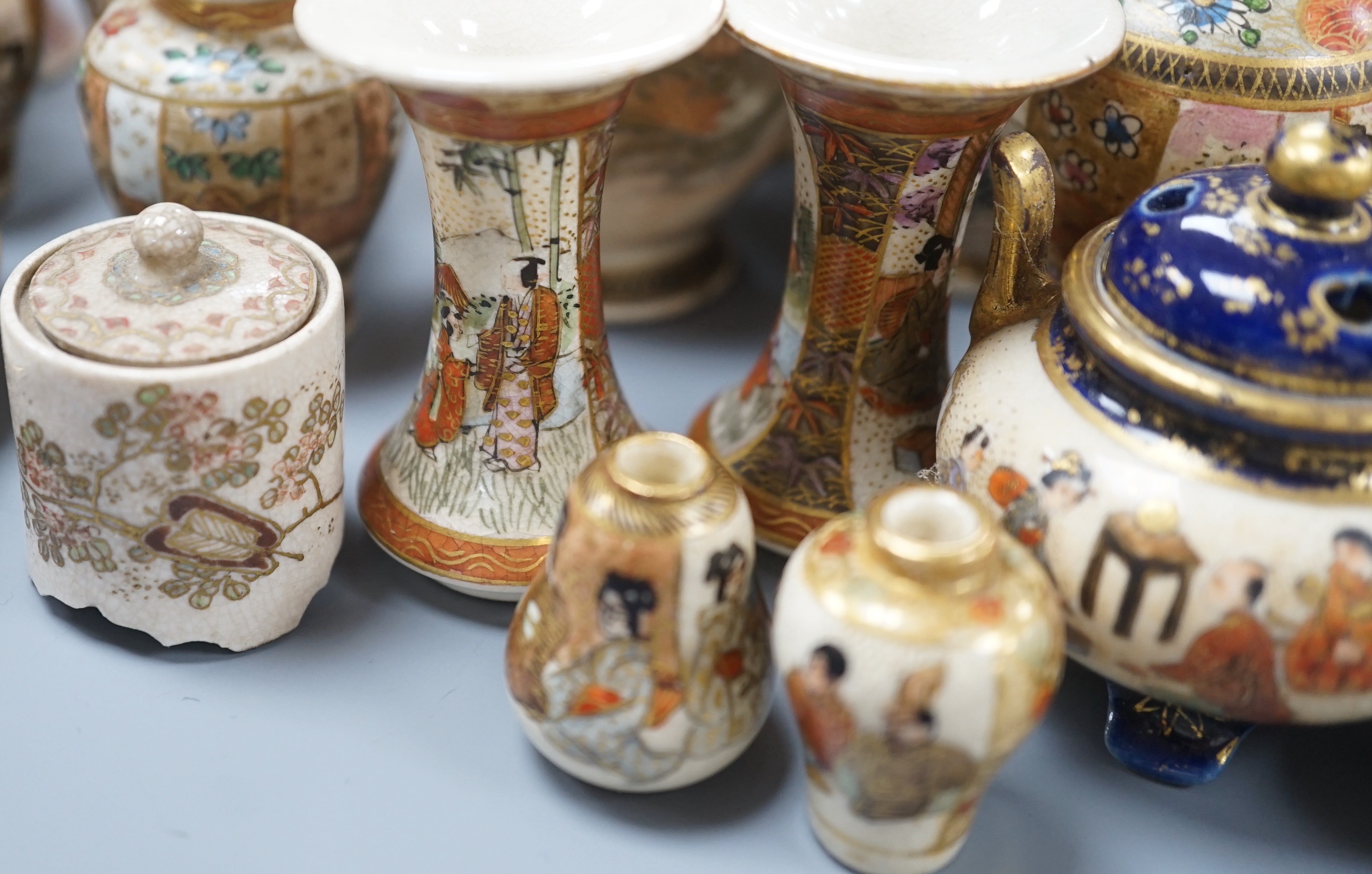 A group of small and miniature Satsuma pottery vases, koros and covers and dishes, late 19th/early 20th century, 3cm - 12cm